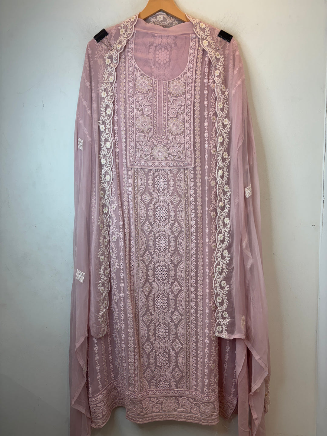 Pink Georgette Lucknowi Embroidered Suit Set with Chiffon Dupatta