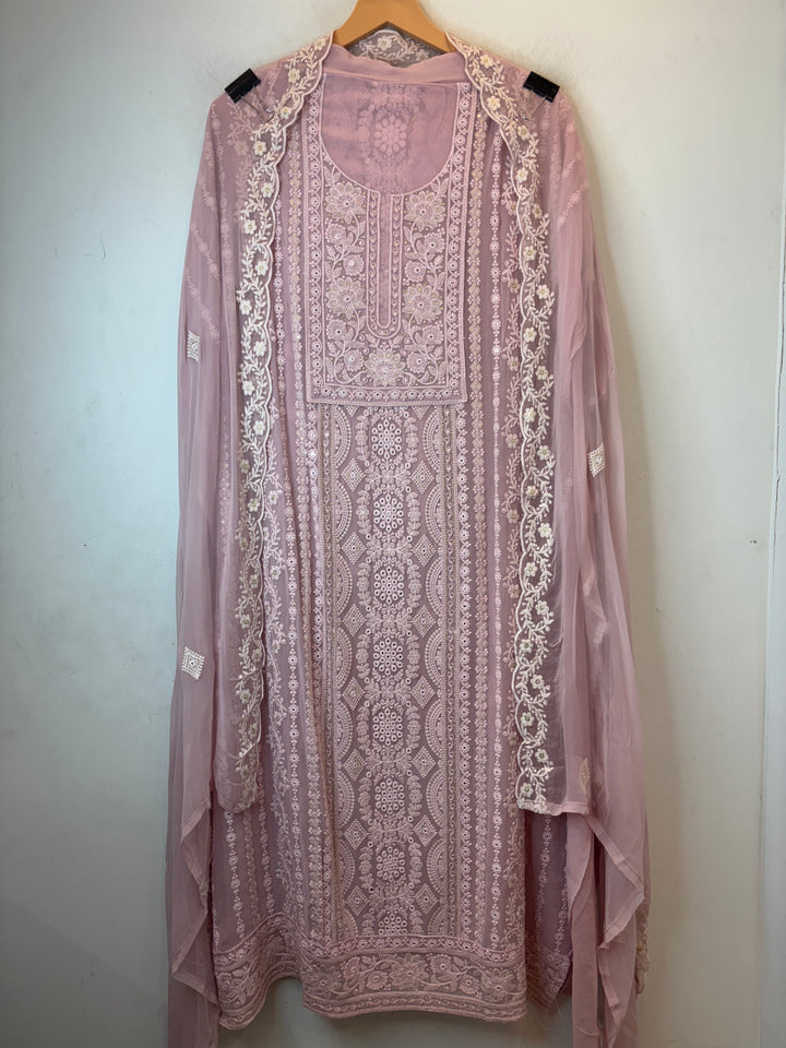 Pink Georgette Lucknowi Embroidered Suit Set with Chiffon Dupatta