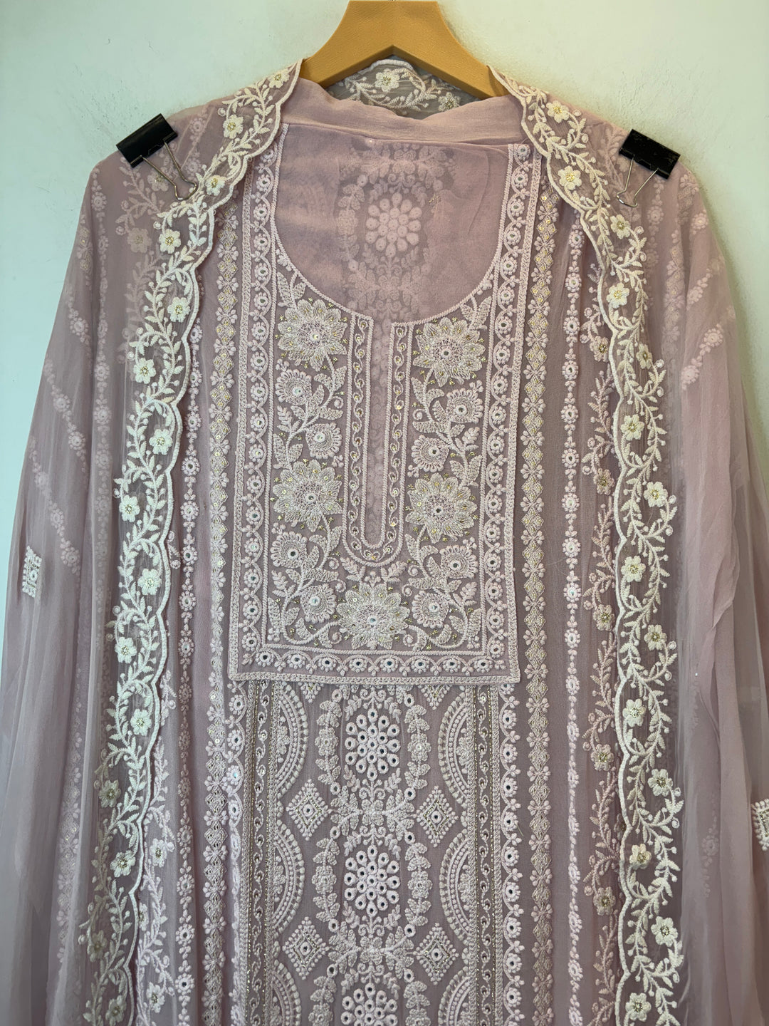 Pink Georgette Lucknowi Embroidered Suit Set with Chiffon Dupatta