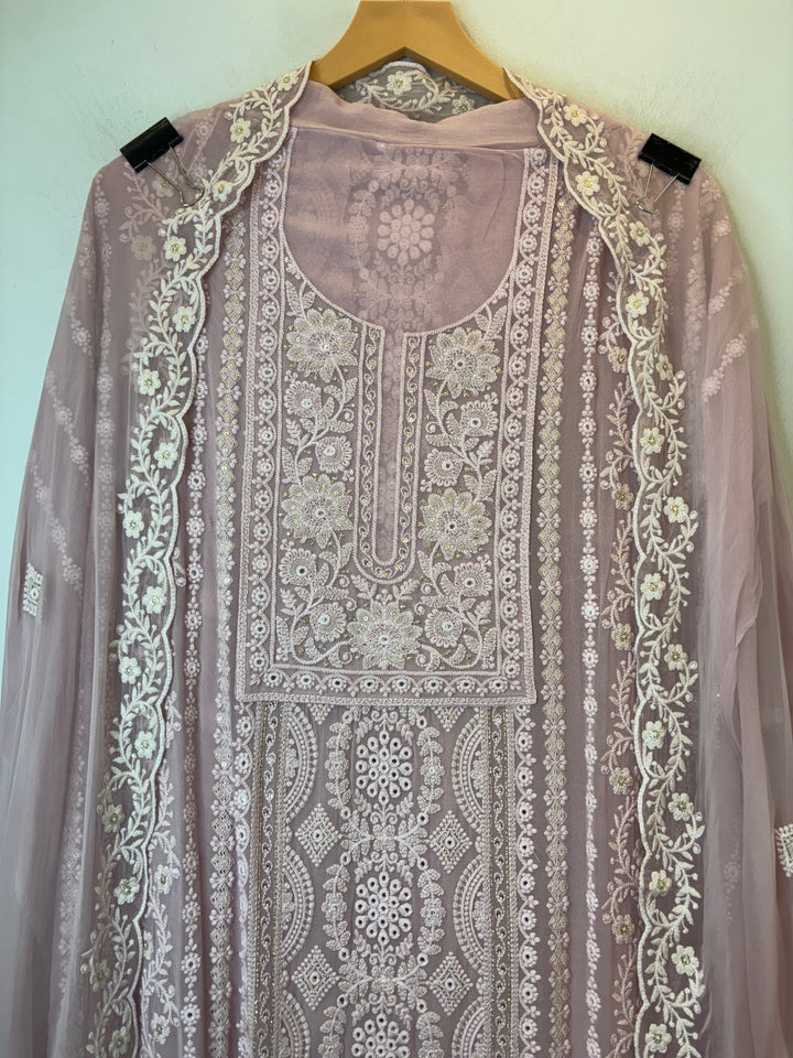 Pink Georgette Lucknowi Embroidered Suit Set with Chiffon Dupatta