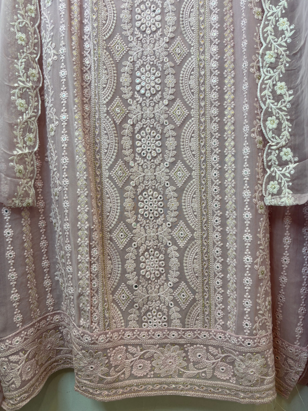Pink Georgette Lucknowi Embroidered Suit Set with Chiffon Dupatta
