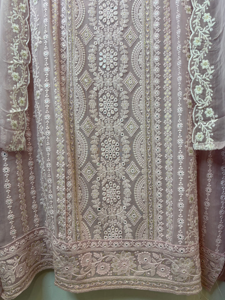 Pink Georgette Lucknowi Embroidered Suit Set with Chiffon Dupatta