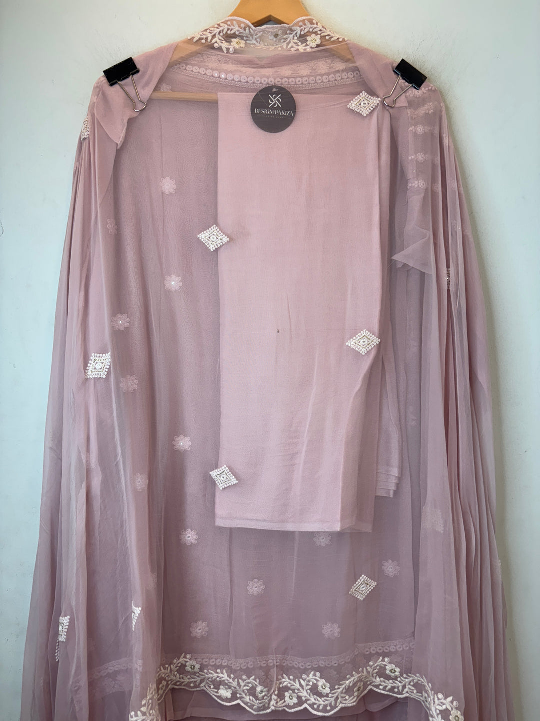 Pink Georgette Lucknowi Embroidered Suit Set with Chiffon Dupatta
