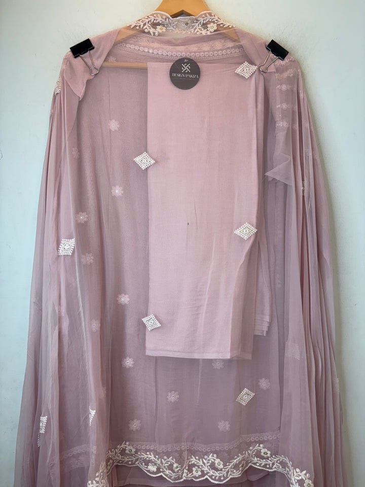 Pink Georgette Lucknowi Embroidered Suit Set with Chiffon Dupatta