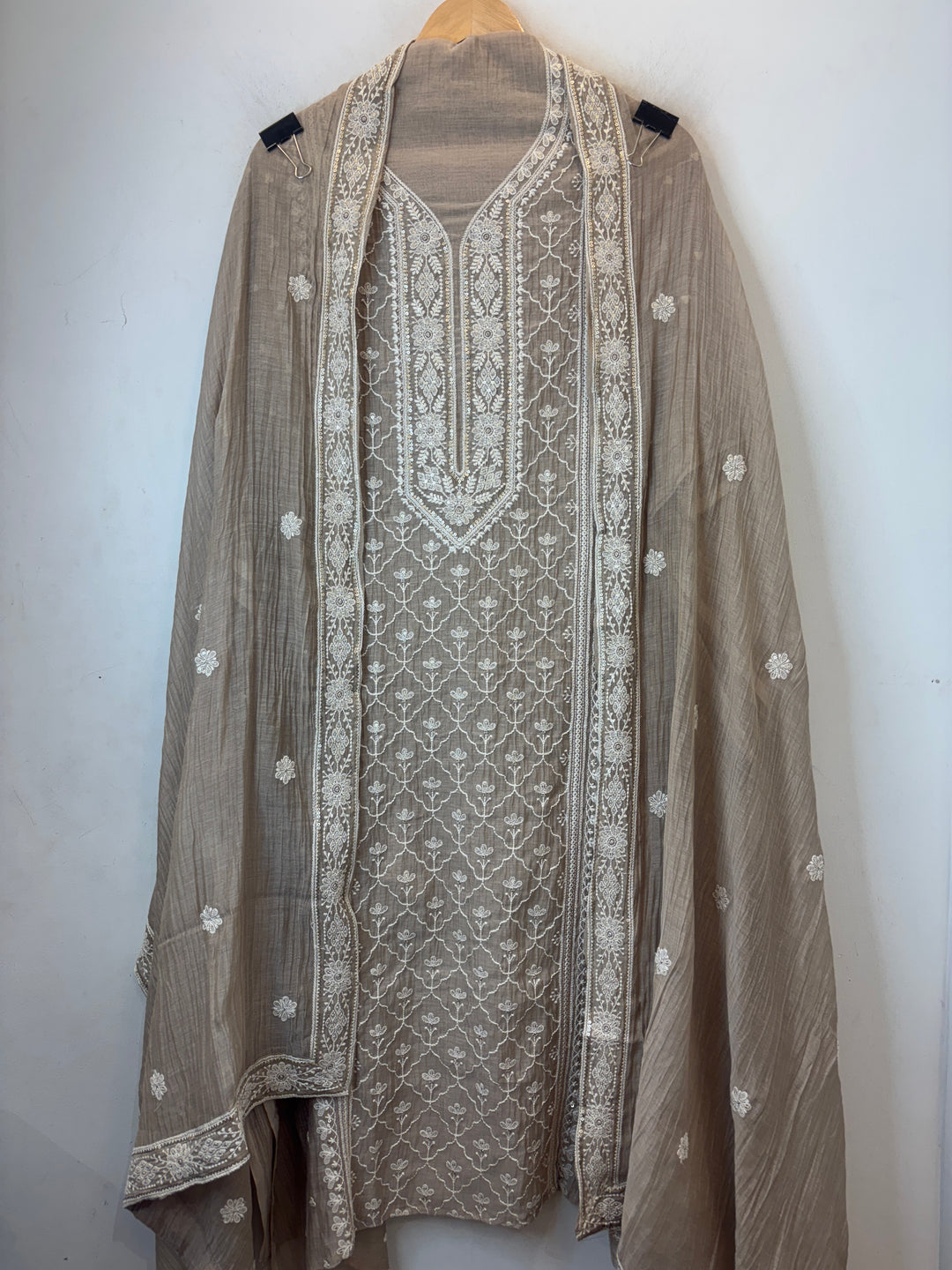 Beige Mul Cotton Embroidered Suit Set with Thread &amp; Sequin Work