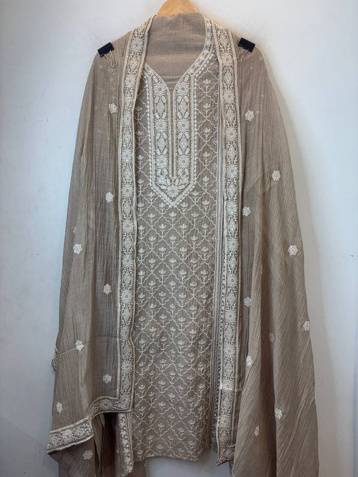 Beige Mul Cotton Embroidered Suit Set with Thread &amp; Sequin Work