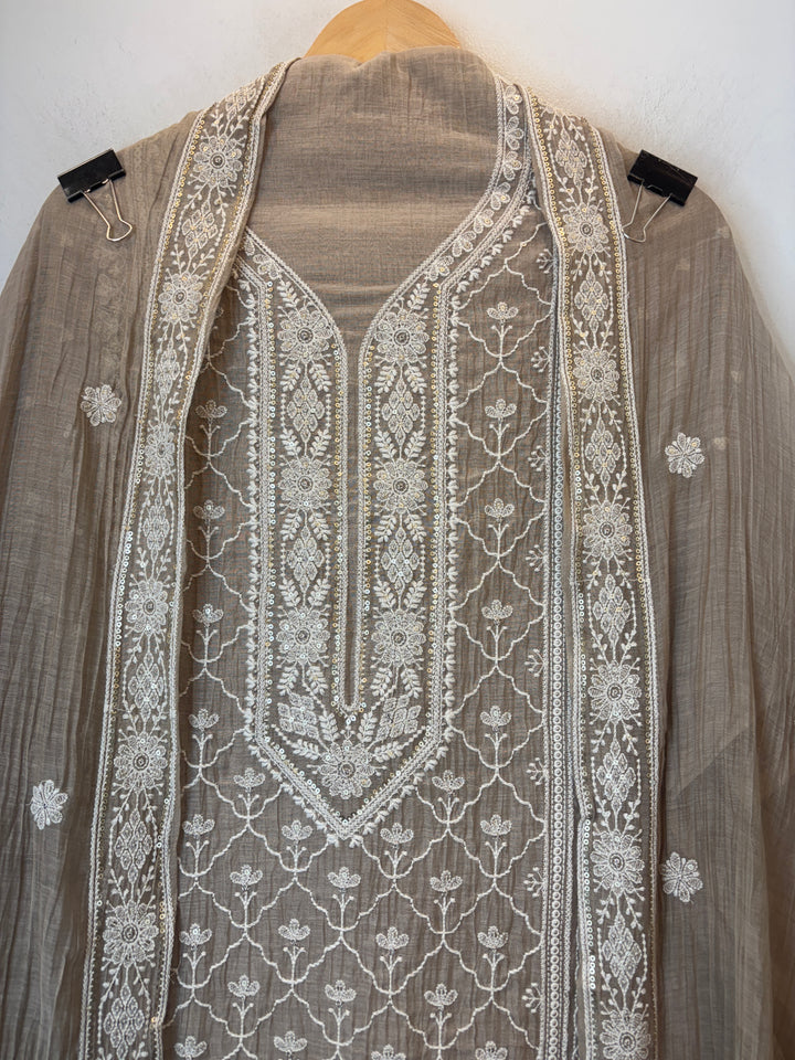 Beige Mul Cotton Embroidered Suit Set with Thread &amp; Sequin Work