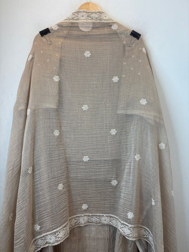 Beige Mul Cotton Embroidered Suit Set with Thread &amp; Sequin Work