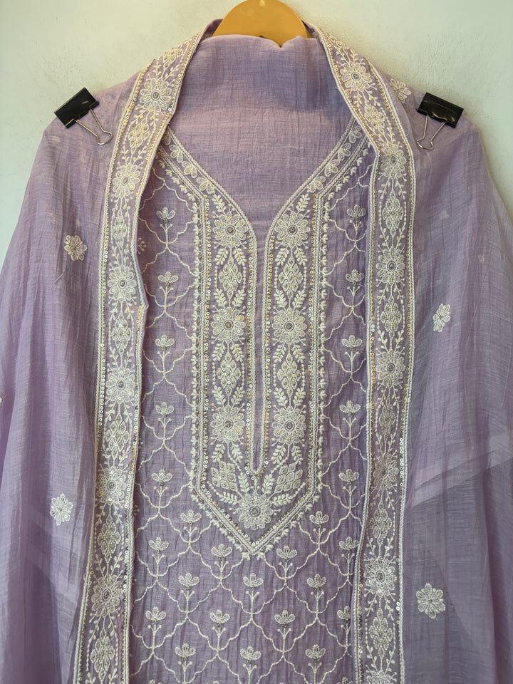 Purple Mul Cotton Embroidered Suit Set with Thread &amp; Sequin Work