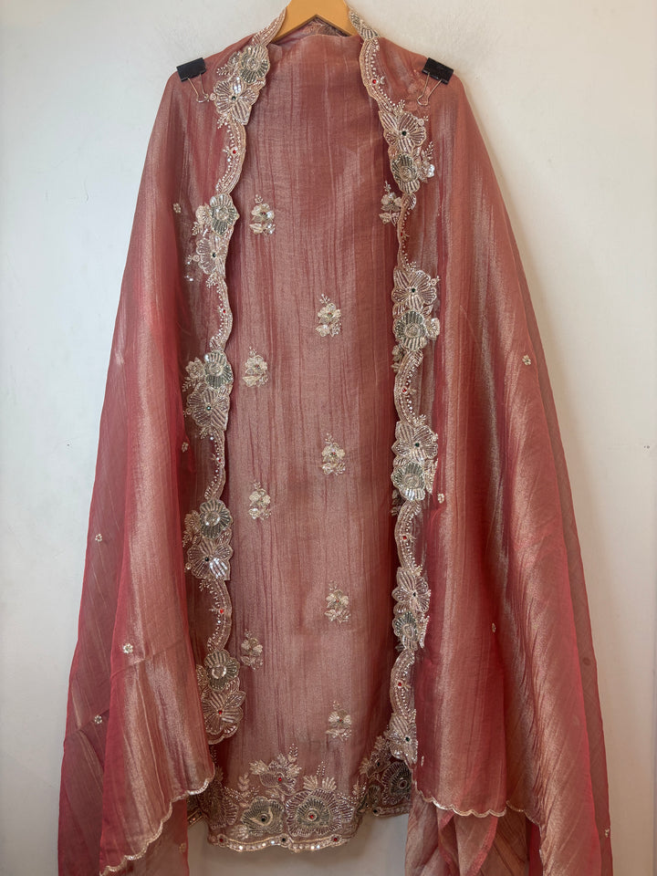 Peach Crush Tissue Suit Set with Dabka, Pearl &amp; Cutdana Work