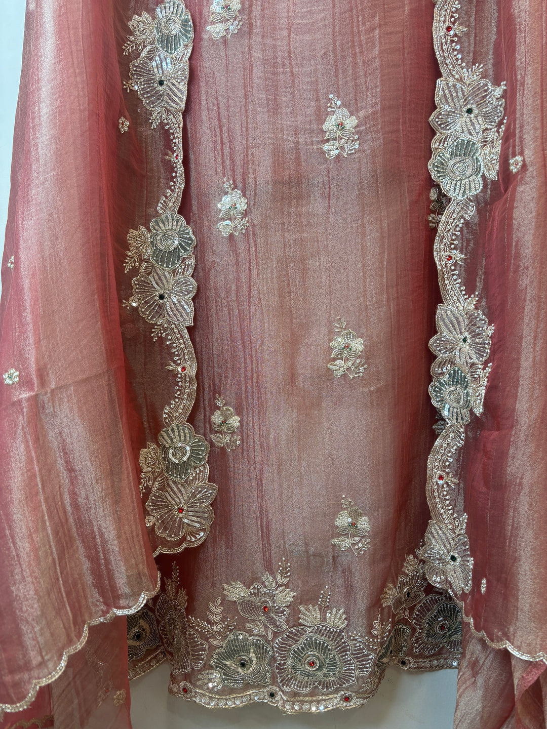 Peach Crush Tissue Suit Set with Dabka, Pearl &amp; Cutdana Work