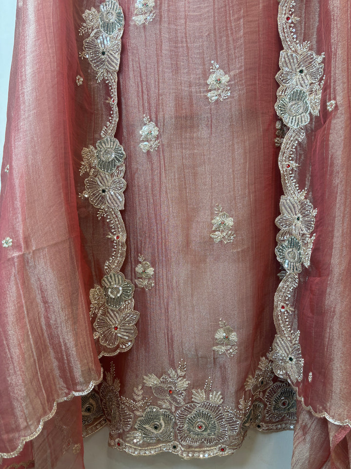 Peach Crush Tissue Suit Set with Dabka, Pearl &amp; Cutdana Work