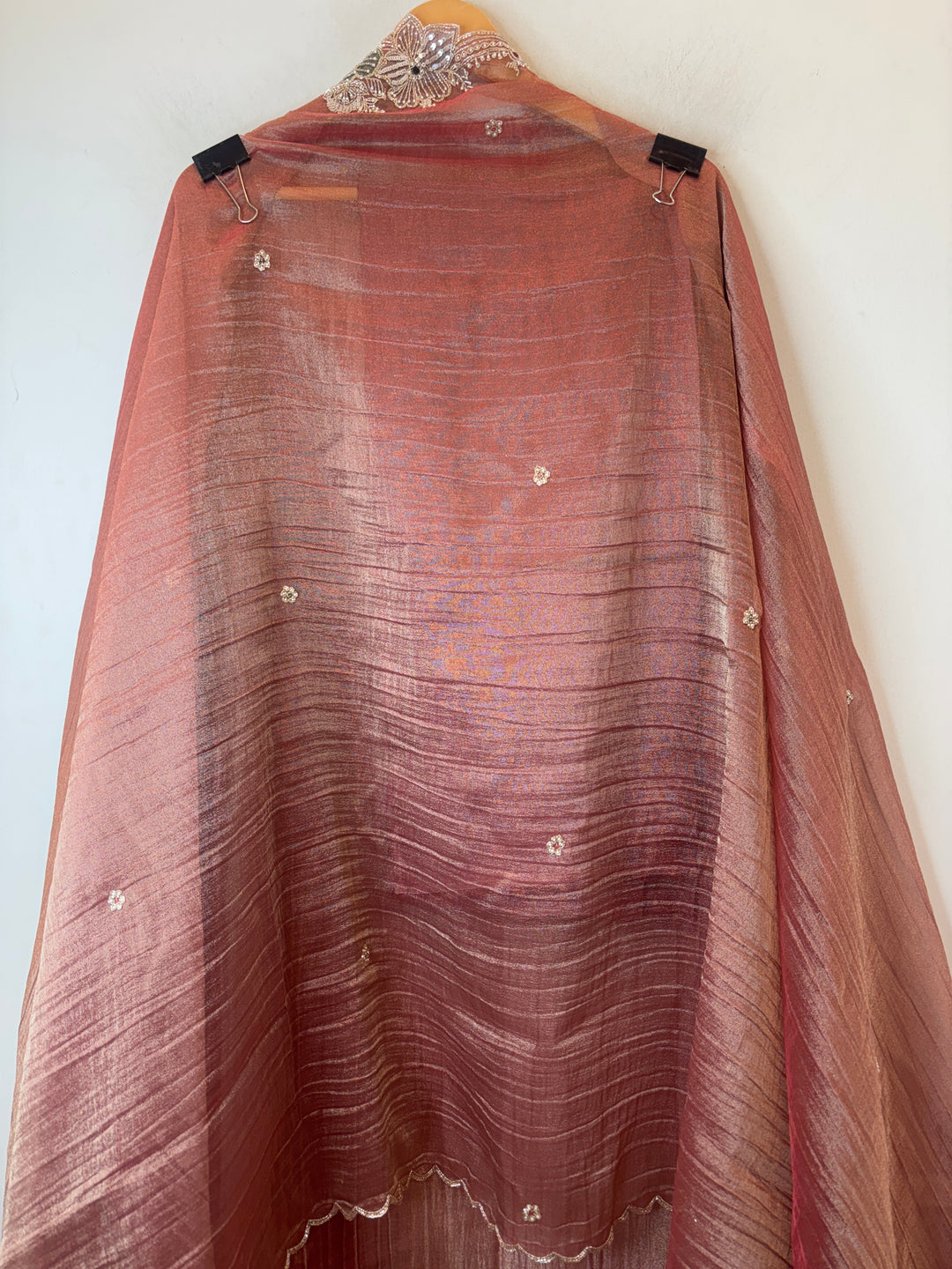 Peach Crush Tissue Suit Set with Dabka, Pearl &amp; Cutdana Work
