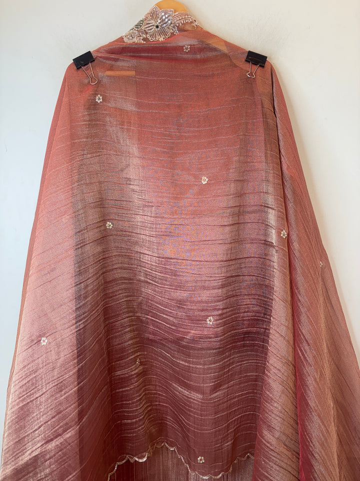 Peach Crush Tissue Suit Set with Dabka, Pearl &amp; Cutdana Work