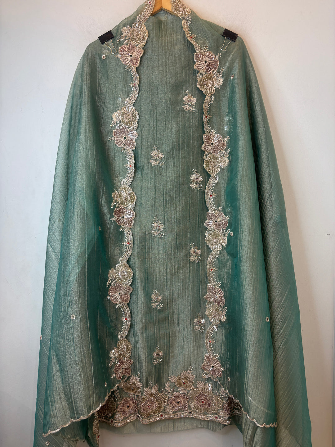 Sea Green Crush Tissue Suit Set with Dabka, Pearl &amp; Cutdana Work
