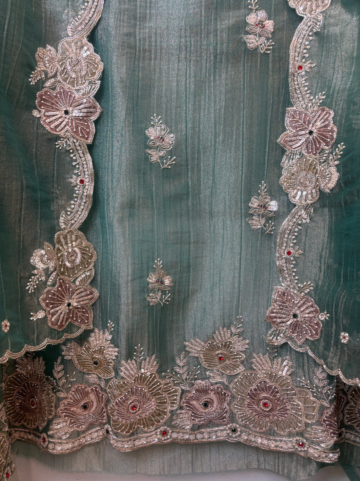 Sea Green Crush Tissue Suit Set with Dabka, Pearl &amp; Cutdana Work