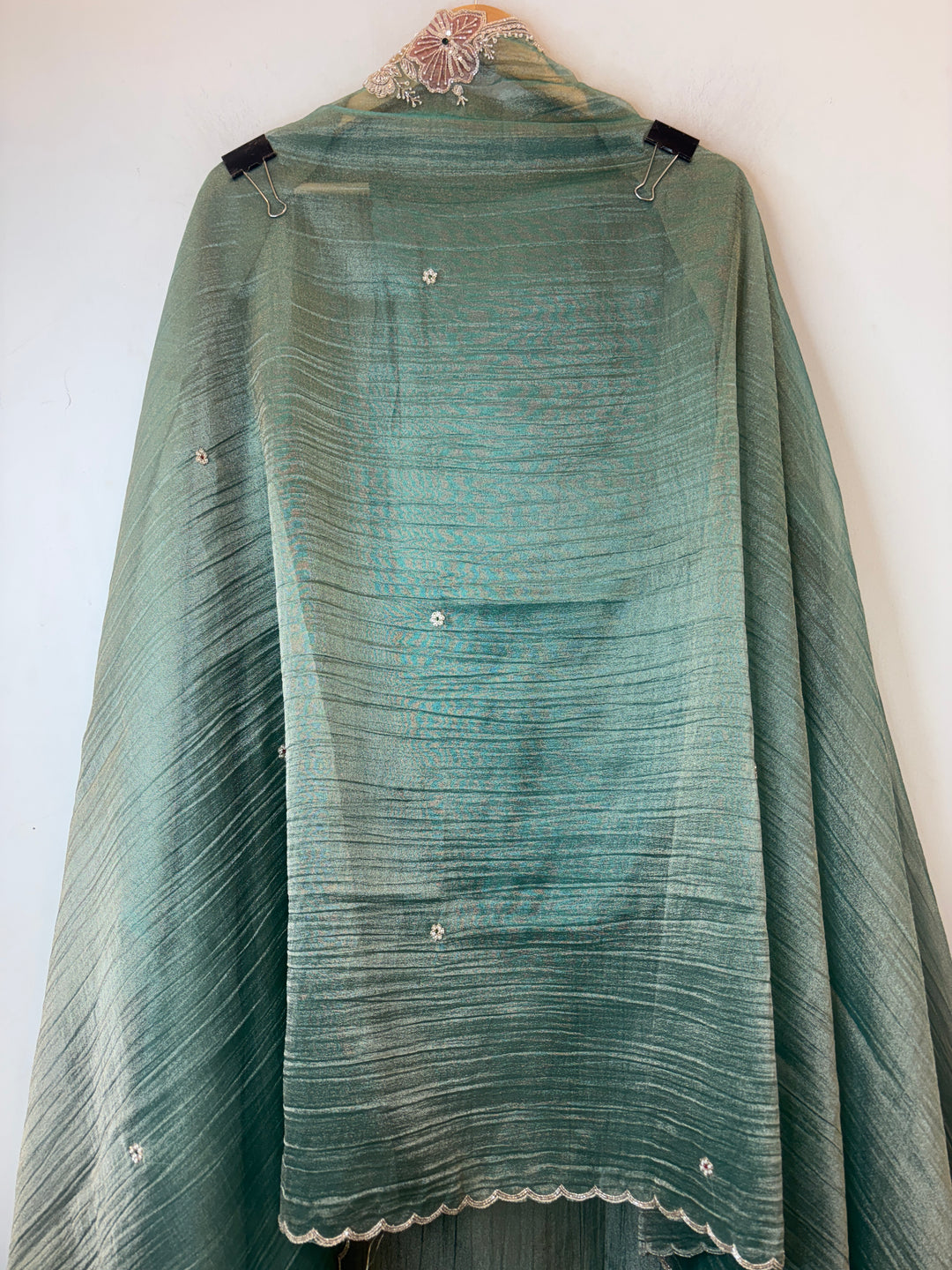 Sea Green Crush Tissue Suit Set with Dabka, Pearl &amp; Cutdana Work