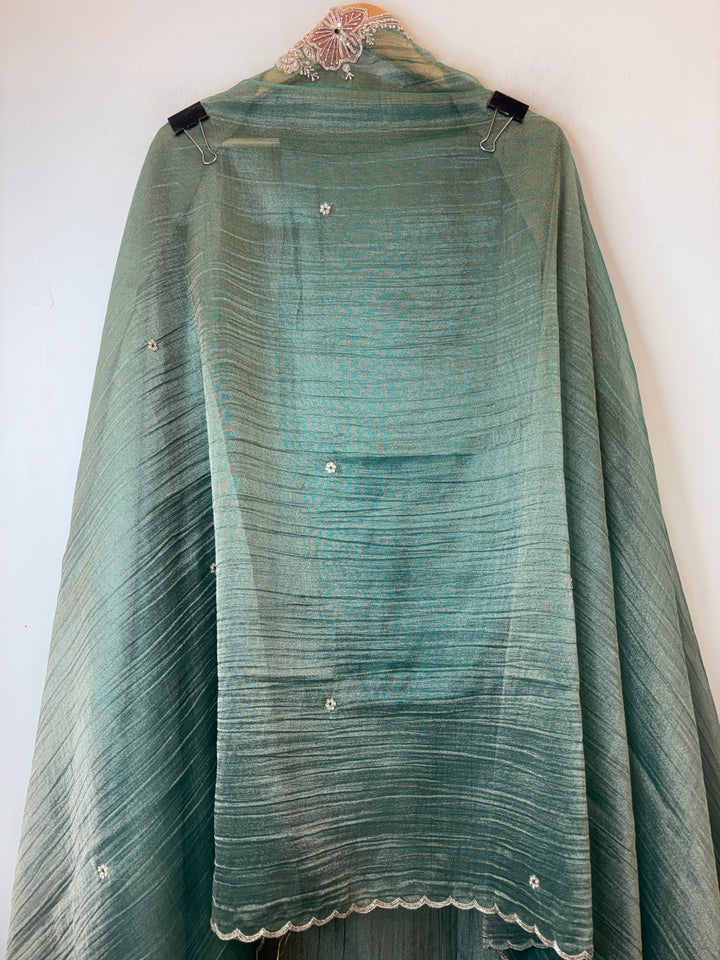Sea Green Crush Tissue Suit Set with Dabka, Pearl &amp; Cutdana Work
