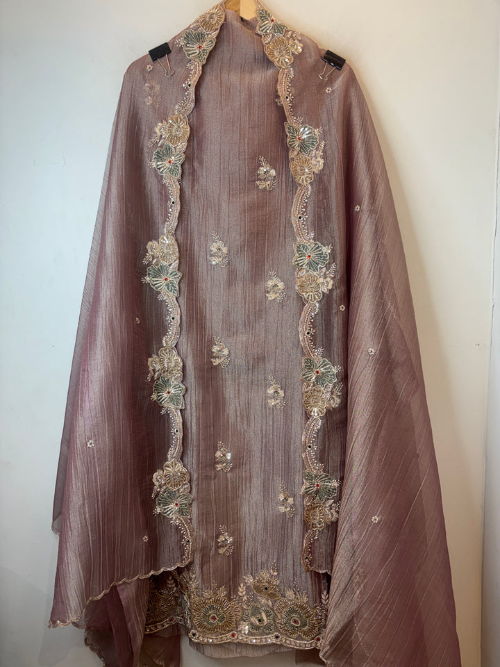 ivory Gold Crush Tissue Suit Set with Dabka, Pearl &amp; Cutdana Work