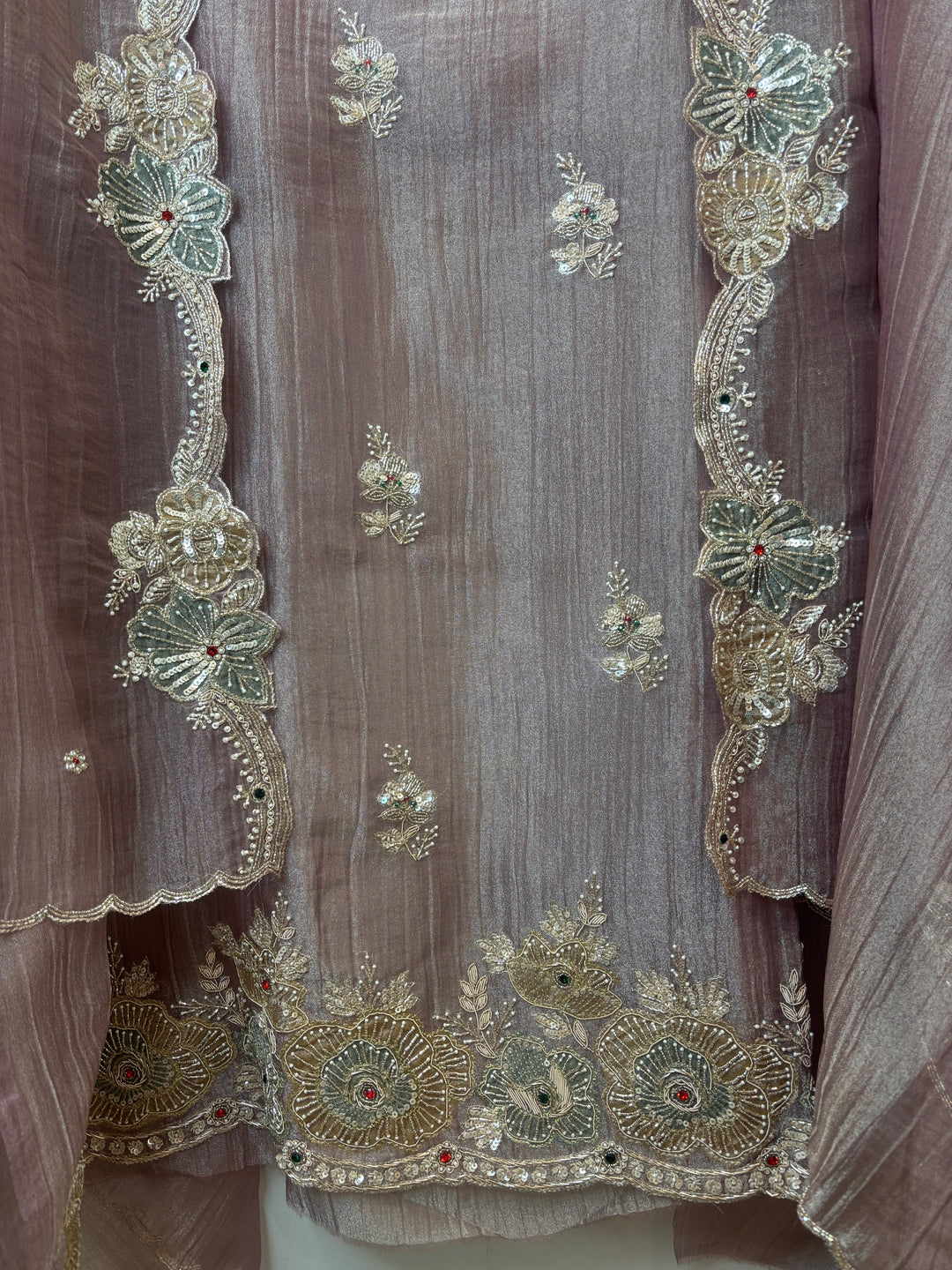 ivory Gold Crush Tissue Suit Set with Dabka, Pearl &amp; Cutdana Work