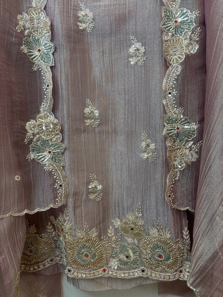 ivory Gold Crush Tissue Suit Set with Dabka, Pearl &amp; Cutdana Work