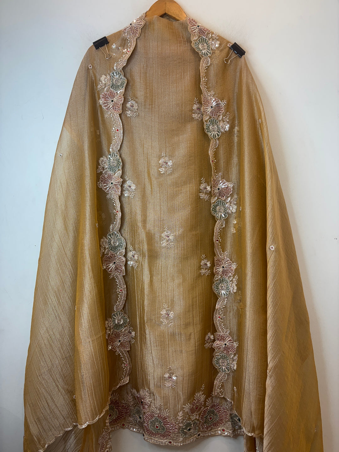 Yellow Crush Tissue Suit Set with Dabka, Pearl &amp; Cutdana Work