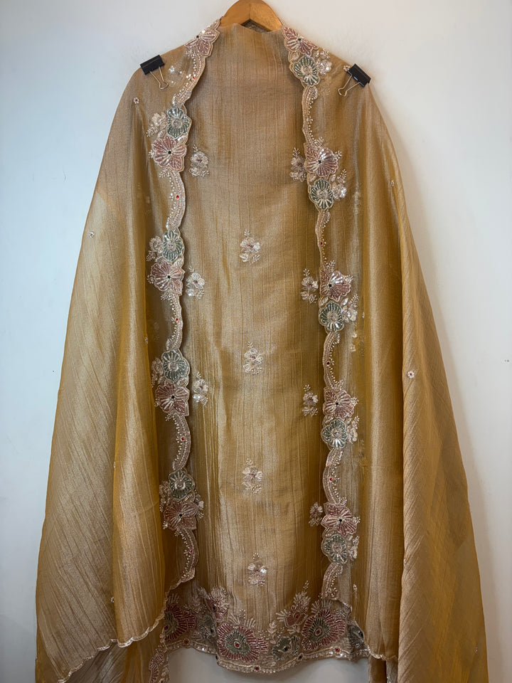 Yellow Crush Tissue Suit Set with Dabka, Pearl &amp; Cutdana Work