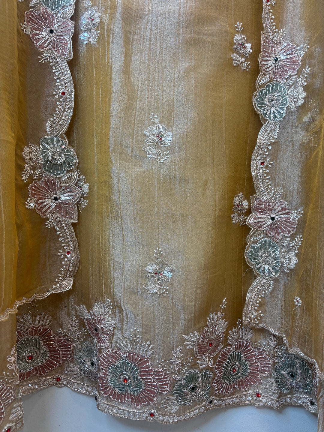 Yellow Crush Tissue Suit Set with Dabka, Pearl &amp; Cutdana Work