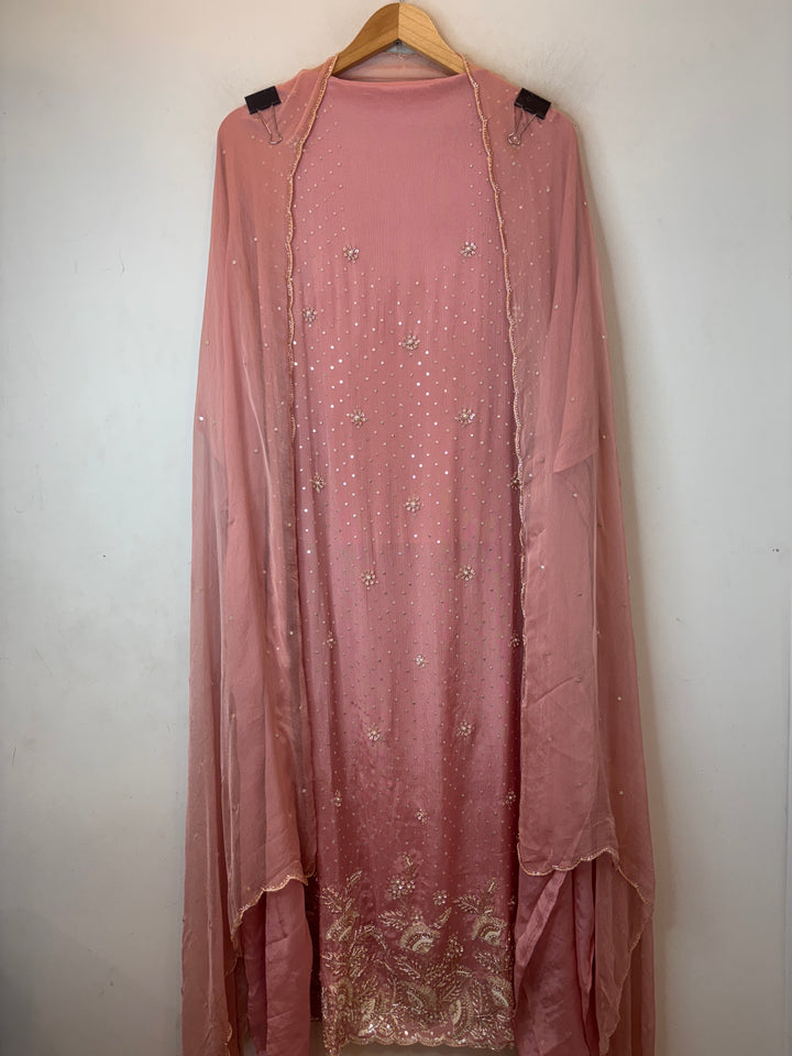 Peach Chinon Sequin Embellished Suit Set with Cutdana &amp; Zari Work