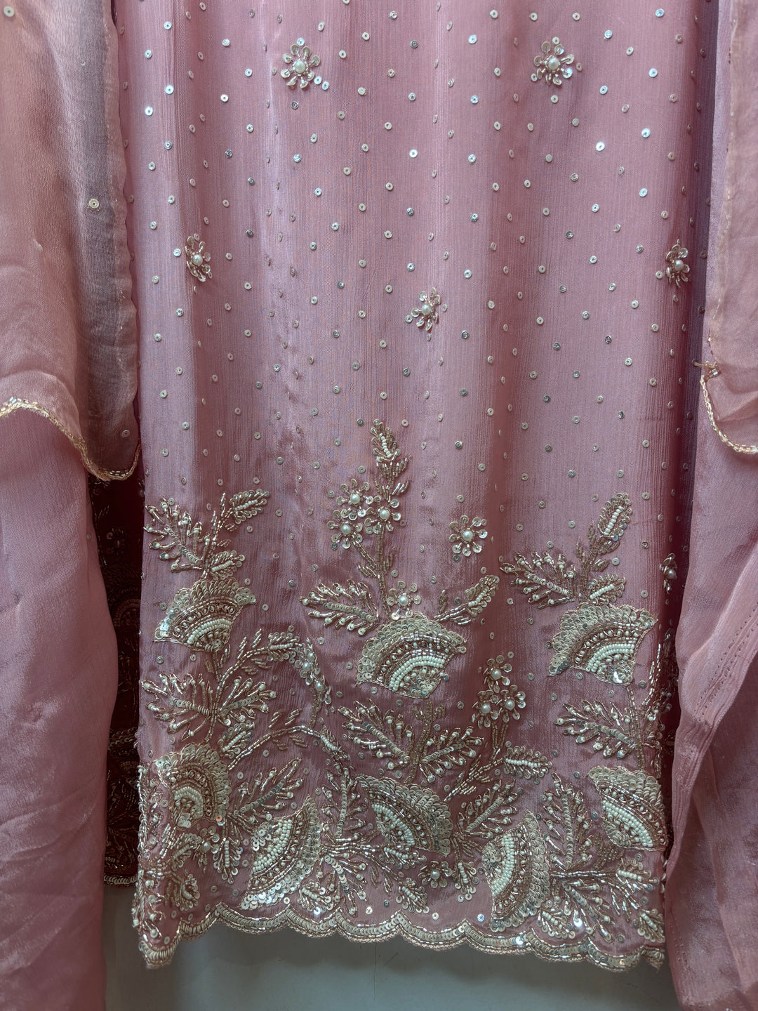 Peach Chinon Sequin Embellished Suit Set with Cutdana &amp; Zari Work