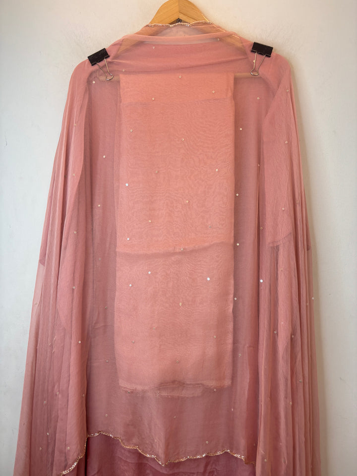 Peach Chinon Sequin Embellished Suit Set with Cutdana &amp; Zari Work