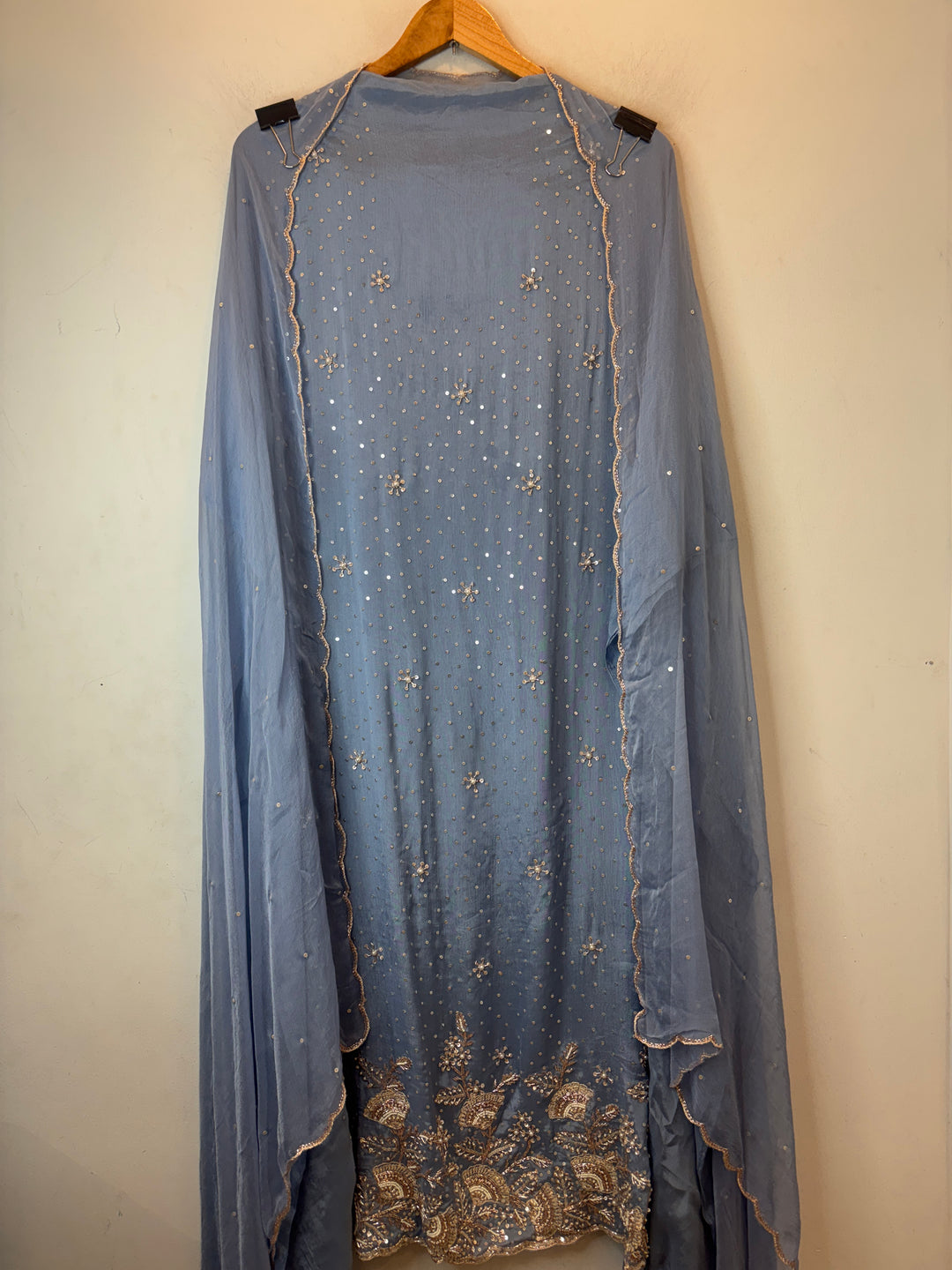 Blue Chinon Sequin Embellished Suit Set with Cutdana &amp; Zari Work