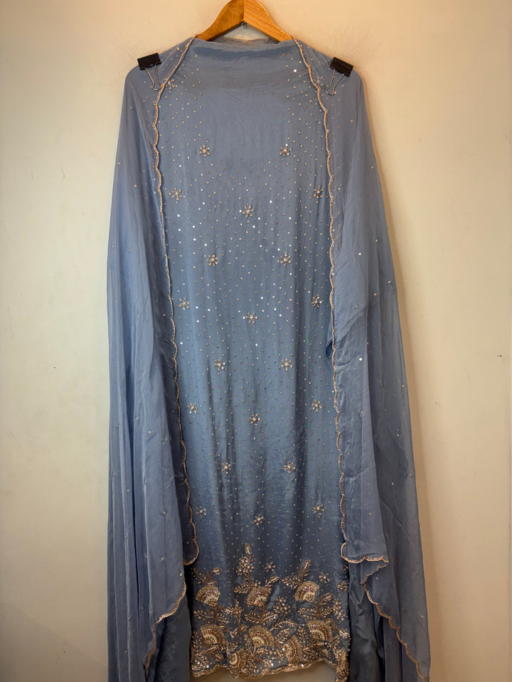 Blue Chinon Sequin Embellished Suit Set with Cutdana &amp; Zari Work