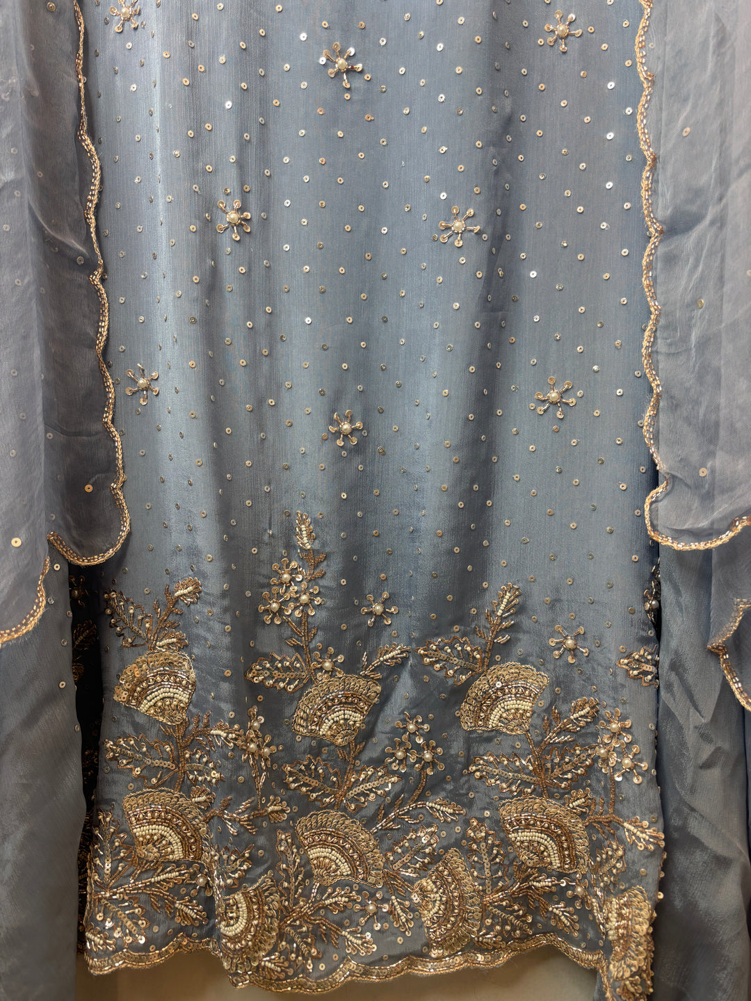 Blue Chinon Sequin Embellished Suit Set with Cutdana &amp; Zari Work