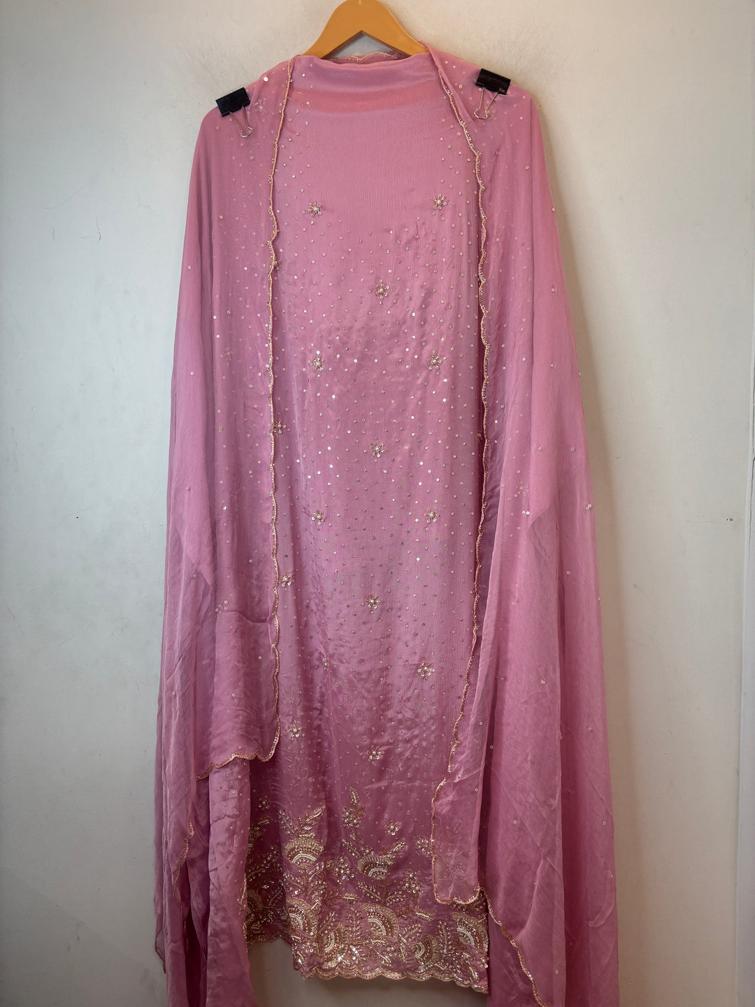 Pink Chinon Sequin Embellished Suit Set with Cutdana &amp; Zari Work