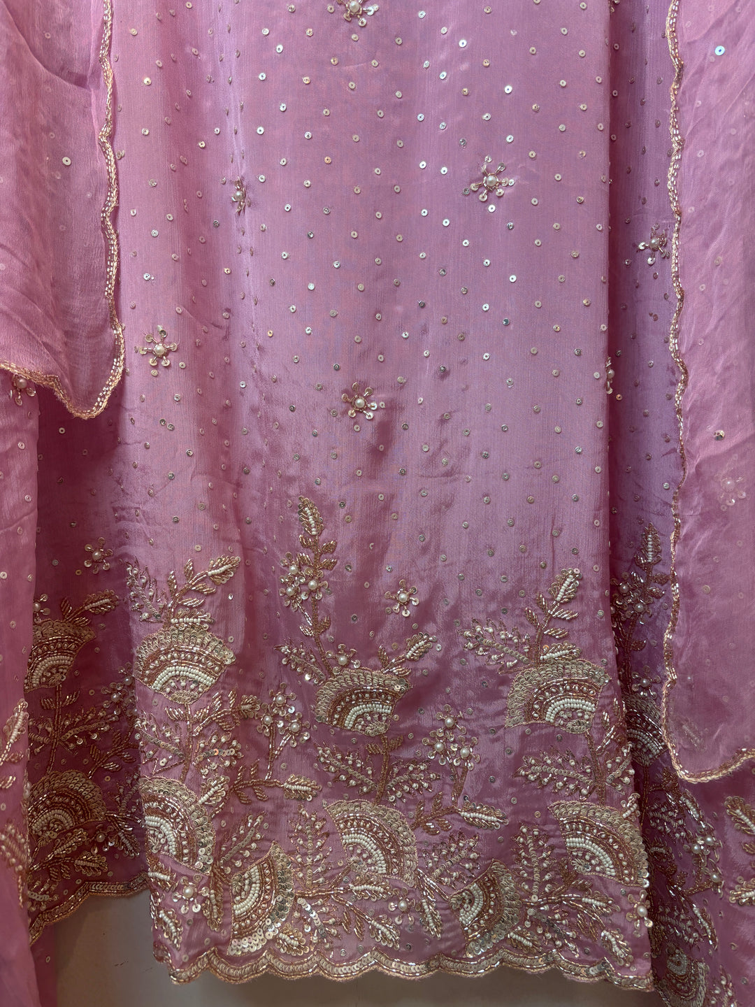 Pink Chinon Sequin Embellished Suit Set with Cutdana &amp; Zari Work