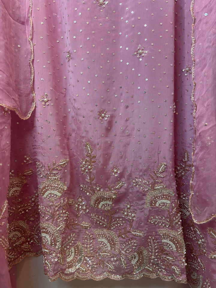 Pink Chinon Sequin Embellished Suit Set with Cutdana &amp; Zari Work