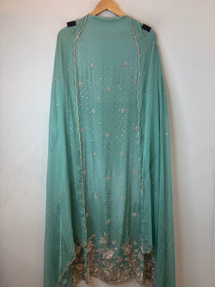 Sea Green Chinon Sequin Embellished Suit Set with Cutdana &amp; Zari Work