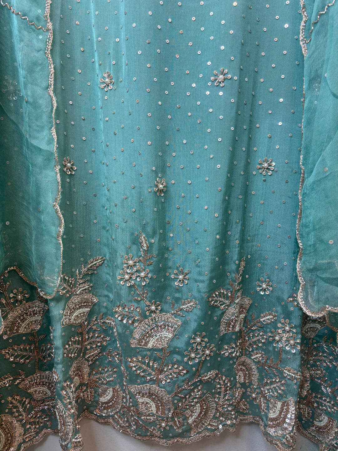 Sea Green Chinon Sequin Embellished Suit Set with Cutdana &amp; Zari Work