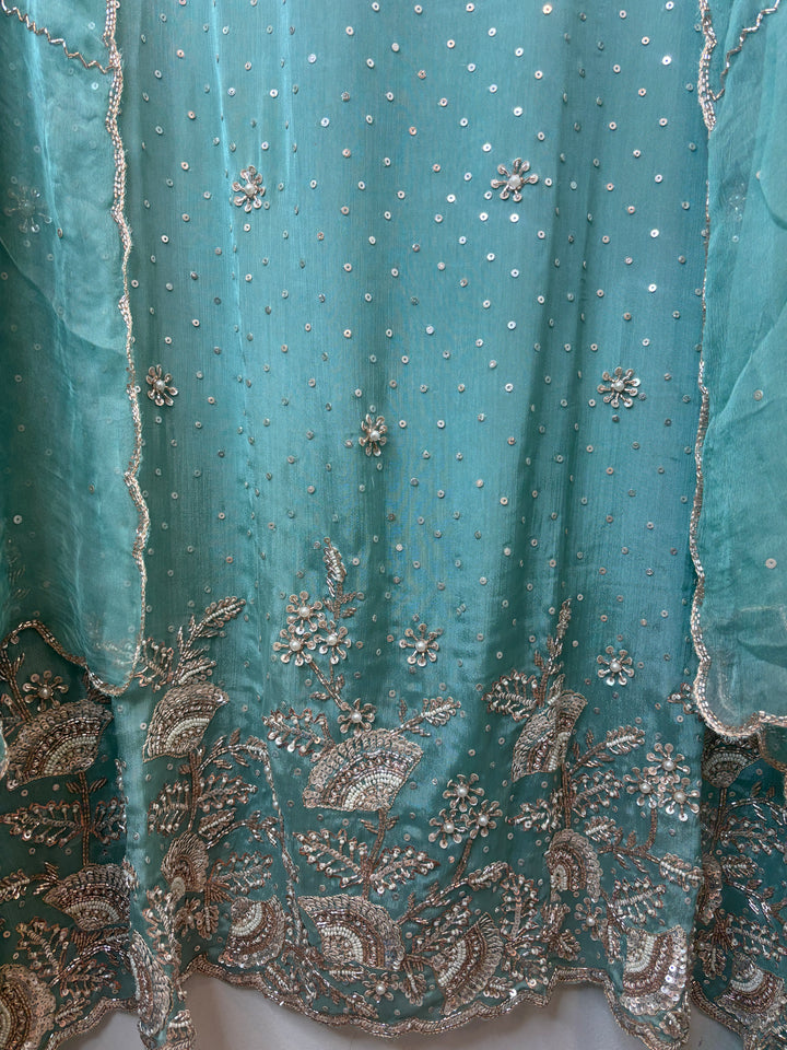 Sea Green Chinon Sequin Embellished Suit Set with Cutdana &amp; Zari Work
