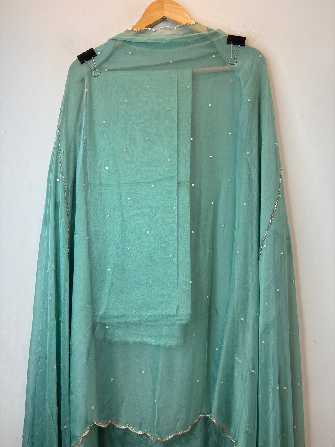 Sea Green Chinon Sequin Embellished Suit Set with Cutdana &amp; Zari Work