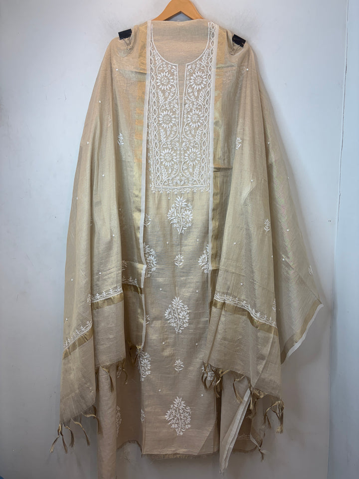 Gold Cotton Tissue Embroidered Suit Set with Pearl Detailing