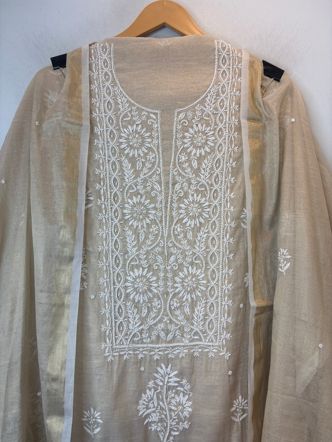 Gold Cotton Tissue Embroidered Suit Set with Pearl Detailing