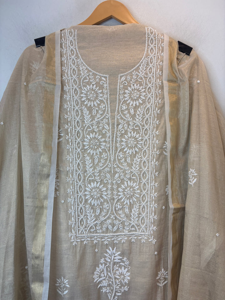 Gold Cotton Tissue Embroidered Suit Set with Pearl Detailing