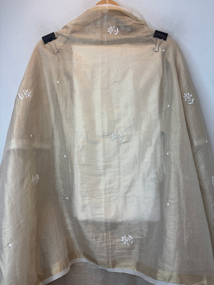 Gold Cotton Tissue Embroidered Suit Set with Pearl Detailing