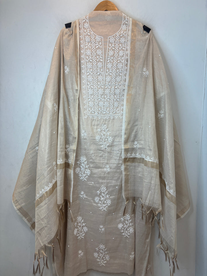 Beige Cotton Tissue Embroidered Suit Set with Pearl Detailing