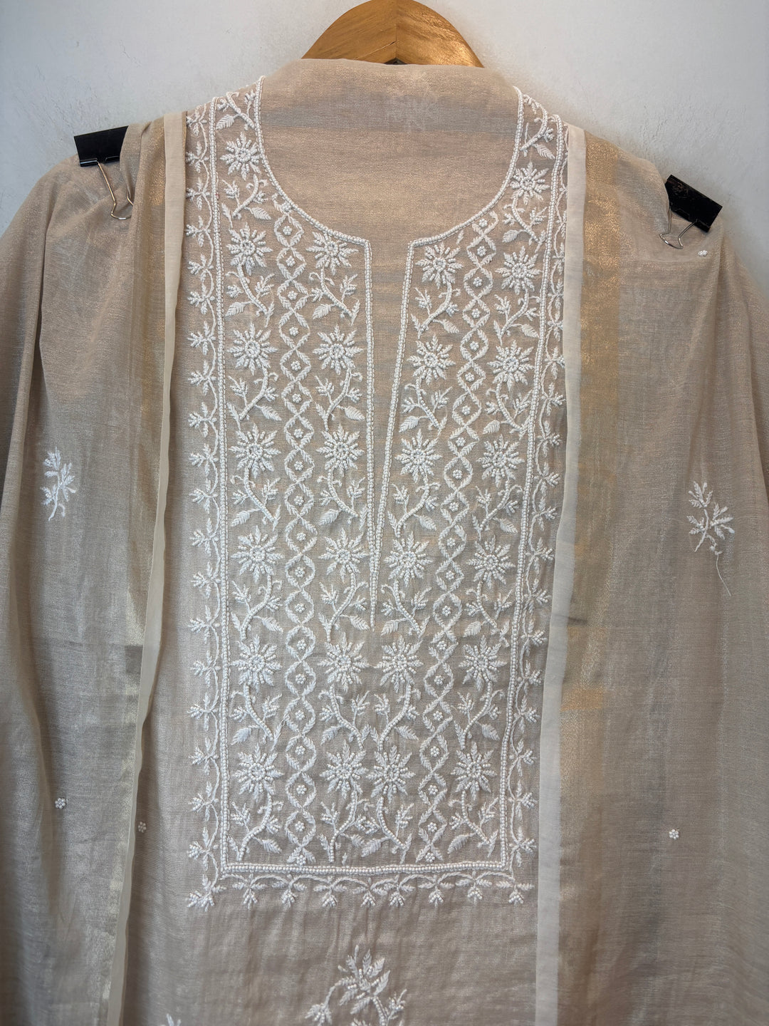 Beige Cotton Tissue Embroidered Suit Set with Pearl Detailing