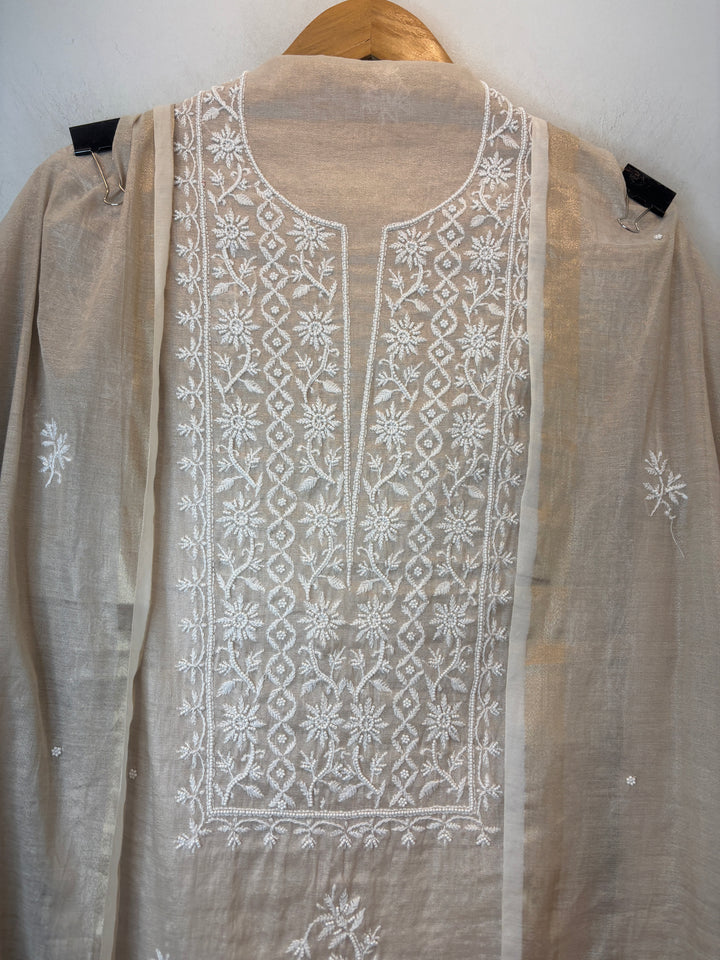 Beige Cotton Tissue Embroidered Suit Set with Pearl Detailing