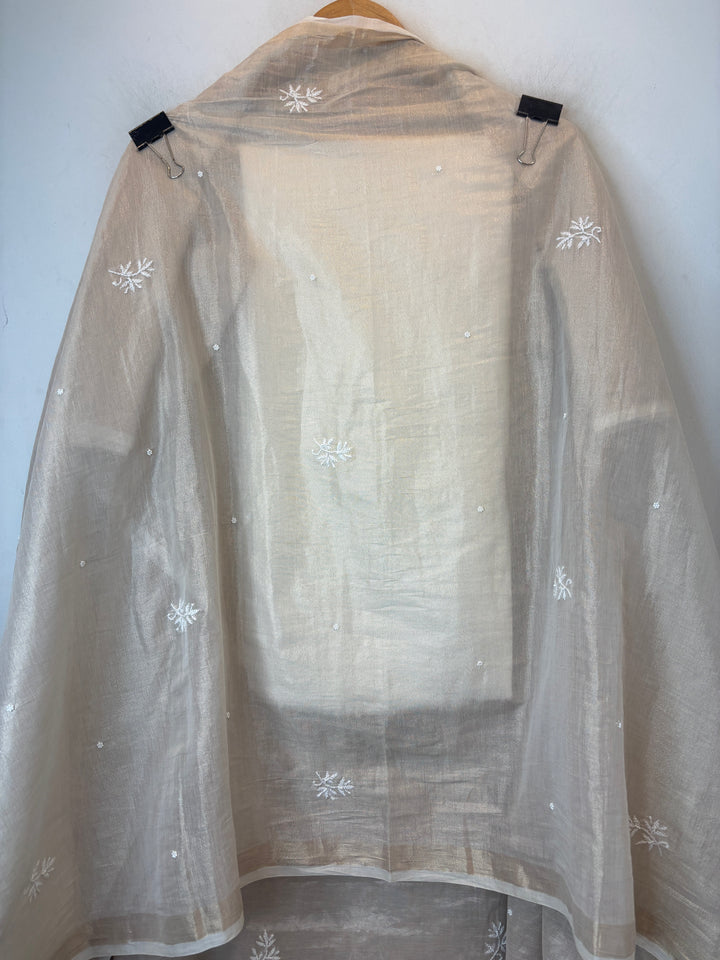 Beige Cotton Tissue Embroidered Suit Set with Pearl Detailing