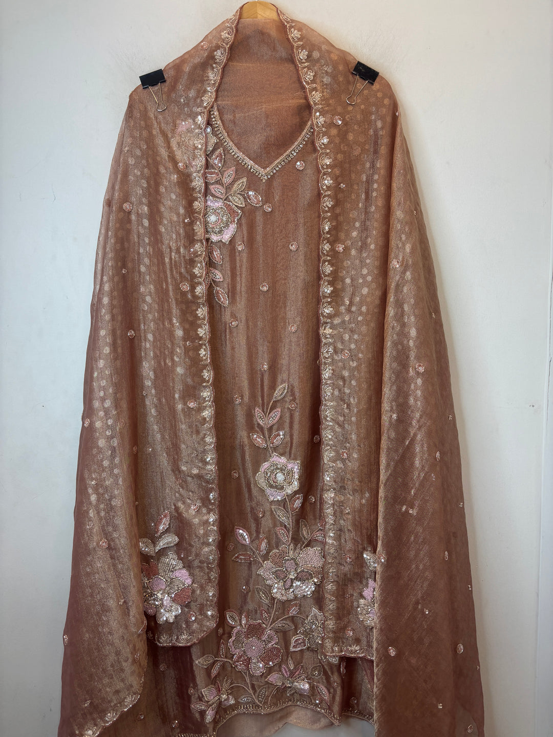 Peach Tissue Embellished Suit Set with 3D Floral, Dabka &amp; Cutdana Work